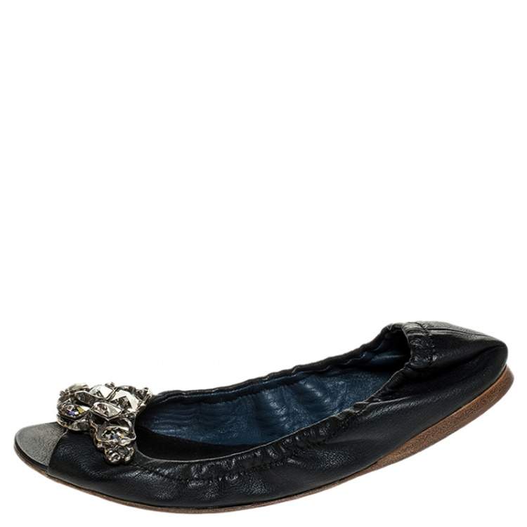 Pre Owned Miu Miu Blue Leather Crystal Embellished Open Toe Scrunch Ballet Flats Size 36.5