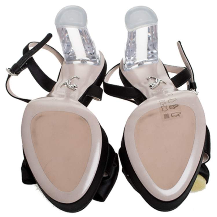 Pre Owned Miu Miu Black Satin And Perspex Heel Bow Detail Platform Ankle Strap Sandals Size 35