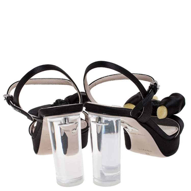 Pre Owned Miu Miu Black Satin And Perspex Heel Bow Detail Platform Ankle Strap Sandals Size 35