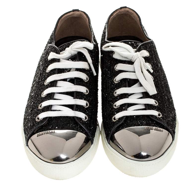 Pre Owned Miu Miu Black Glitter And Metal Cap Toe Low Top Sneakers Size 39