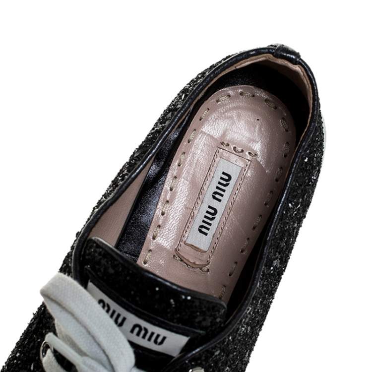 Pre Owned Miu Miu Black Glitter And Metal Cap Toe Low Top Sneakers Size 39