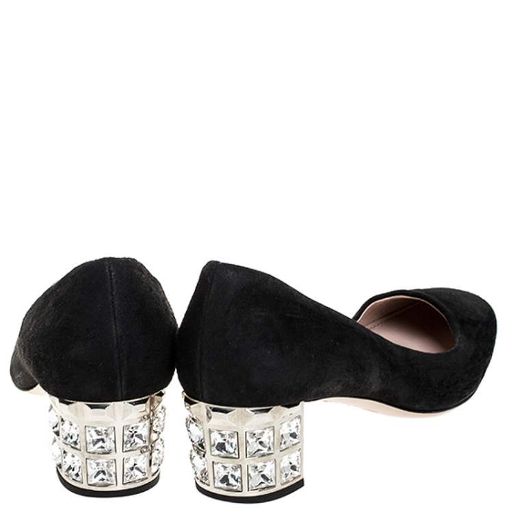 Pre Owned Miu Miu Black Suede Crystal Heel Pumps Size 38
