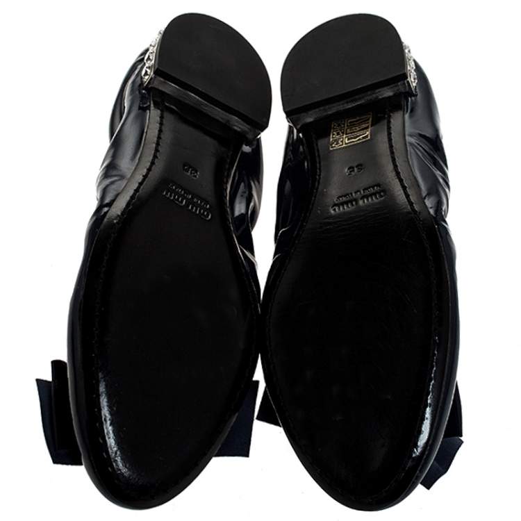 Pre Owned Miu Miu Blue Patent Leather Bow Detail Crystal Embellished Heel Scrunch Ballet Flats Size 35