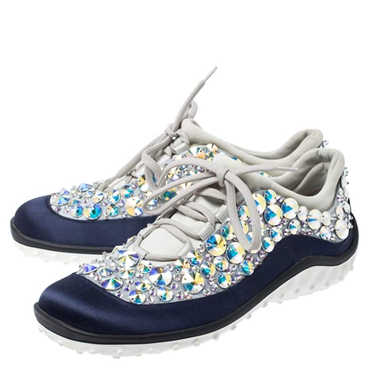 مملوكة مسبقًا Miu Miu Blue/Grey Embellished Satin and Mesh Astro Sneakers Size 35
