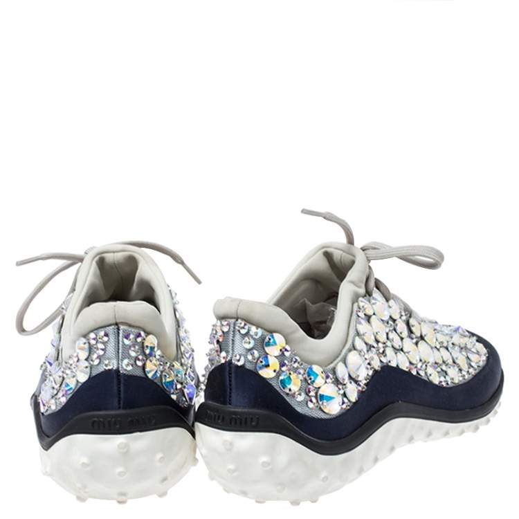 مملوكة مسبقًا Miu Miu Blue/Grey Embellished Satin and Mesh Astro Sneakers Size 35