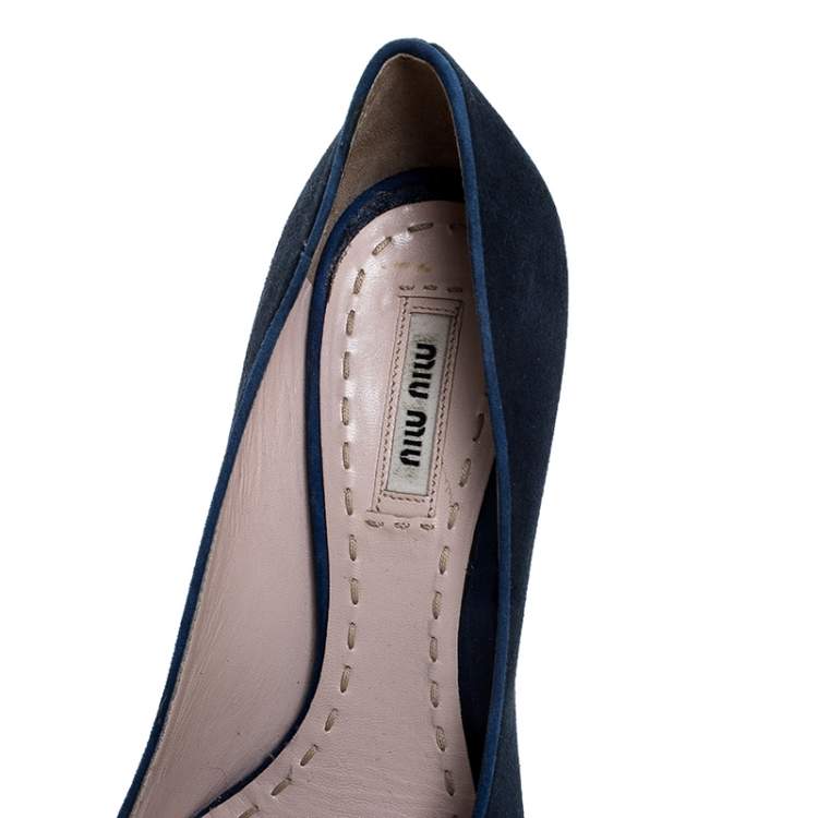 Pre Owned Miu Miu Blue Suede Tassel Detail Peep Toe Platform Pumps Size 39