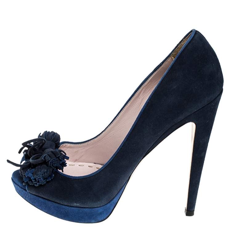 Pre Owned Miu Miu Blue Suede Tassel Detail Peep Toe Platform Pumps Size 39