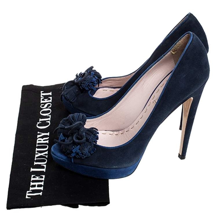 Pre Owned Miu Miu Blue Suede Tassel Detail Peep Toe Platform Pumps Size 39