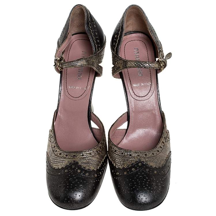 Pre Owned Miu Miu Metallic Grey/Silver Brogue Leather D'Orsay Strap Pumps Size 36.5