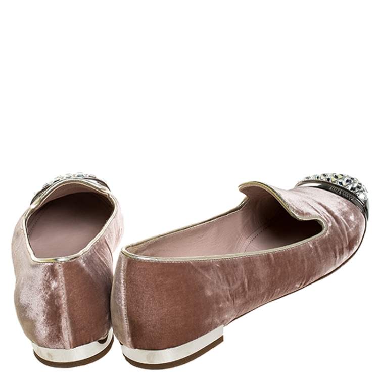 Pre Owned Miu Miu Pale Pink Velvet Crystal Embellished Cap Toe Smoking Slippers Size 38