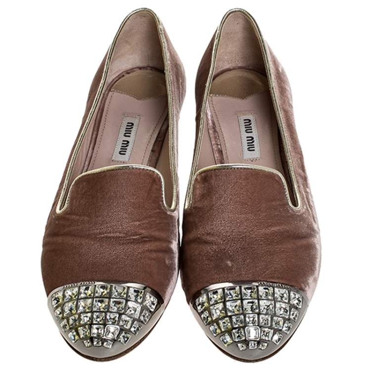 Pre Owned Miu Miu Pale Pink Velvet Crystal Embellished Cap Toe Smoking Slippers Size 38