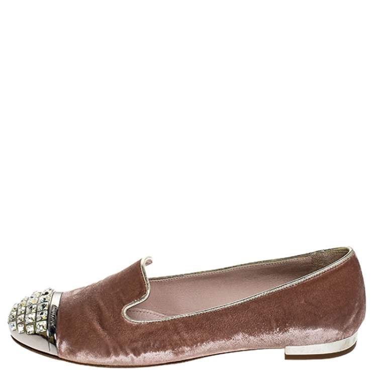 Pre Owned Miu Miu Pale Pink Velvet Crystal Embellished Cap Toe Smoking Slippers Size 38