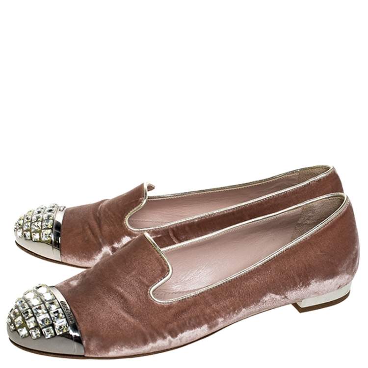 Pre Owned Miu Miu Pale Pink Velvet Crystal Embellished Cap Toe Smoking Slippers Size 38