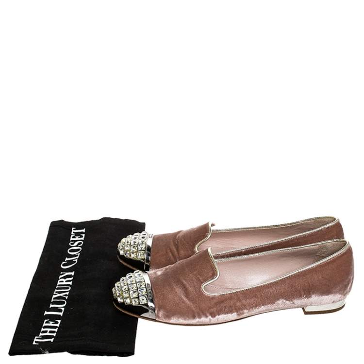 Pre Owned Miu Miu Pale Pink Velvet Crystal Embellished Cap Toe Smoking Slippers Size 38