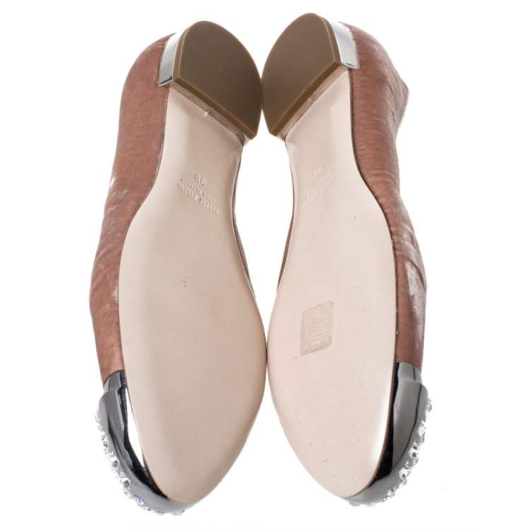Pre Owned Miu Miu Pale Pink Velvet Crystal Embellished Cap Toe Smoking Slippers Size 38