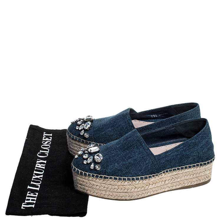 Pre Owned Miu Miu Blue Crystal Embellished Denim Platform Espadrilles Size 37.5