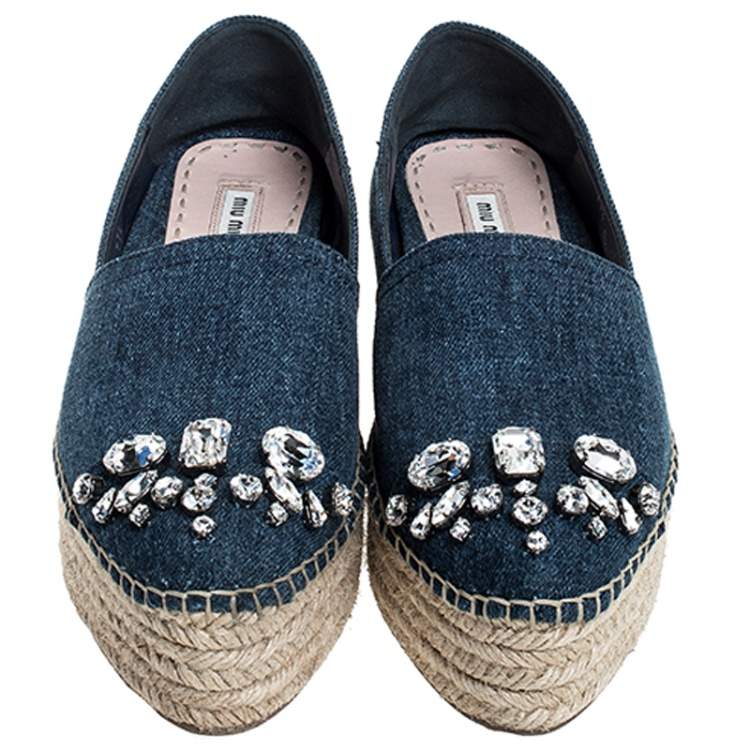 Pre Owned Miu Miu Blue Crystal Embellished Denim Platform Espadrilles Size 37.5