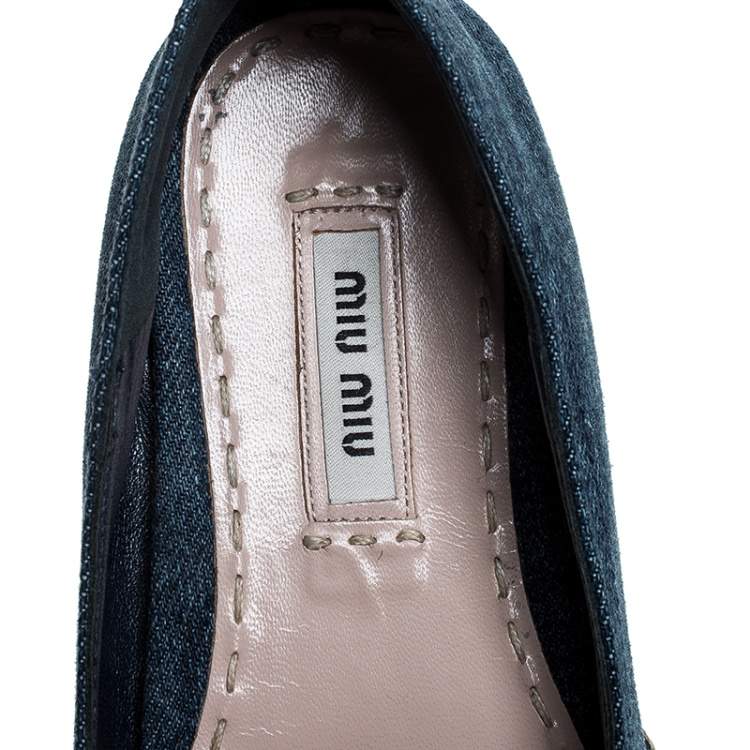 Pre Owned Miu Miu Blue Crystal Embellished Denim Platform Espadrilles Size 37.5