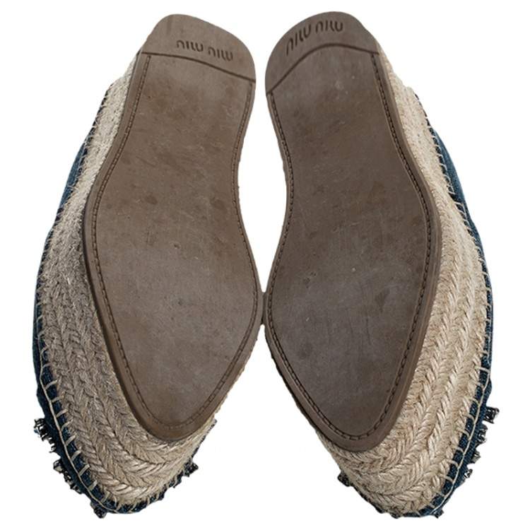 Pre Owned Miu Miu Blue Crystal Embellished Denim Platform Espadrilles Size 37.5