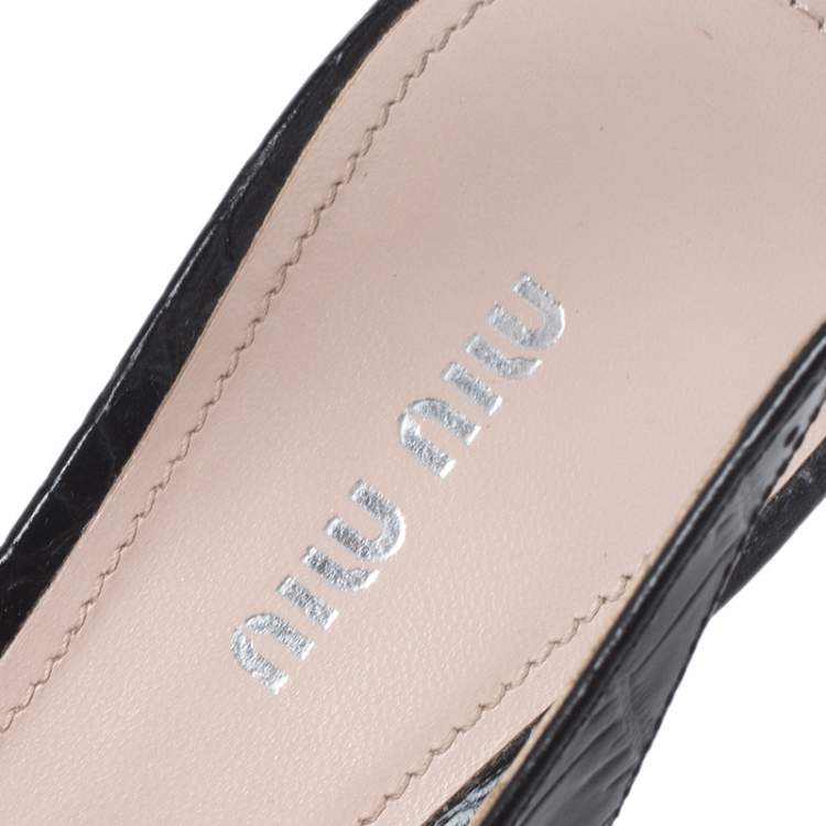 Pre Owned Miu Miu Black Croc Embossed Leather Bow Pointed Toe Slingback Sandals Size 37.5