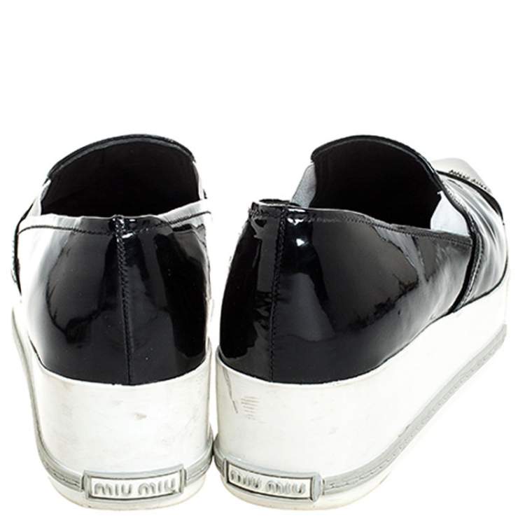 Pre Owned Miu Miu Black Patent Leather Metal Cap Toe Platform Slip On Sneakers Size 39