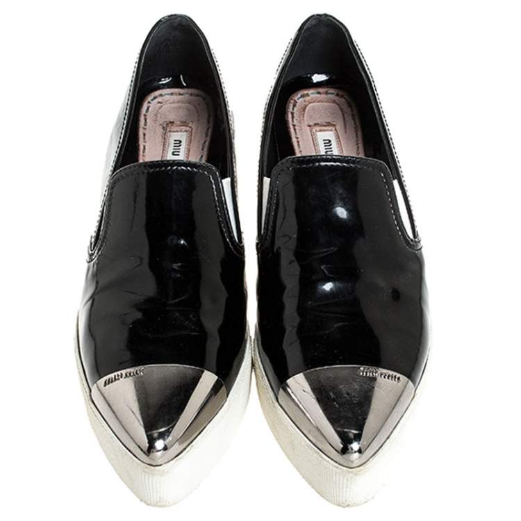 Pre Owned Miu Miu Black Patent Leather Metal Cap Toe Platform Slip On Sneakers Size 39