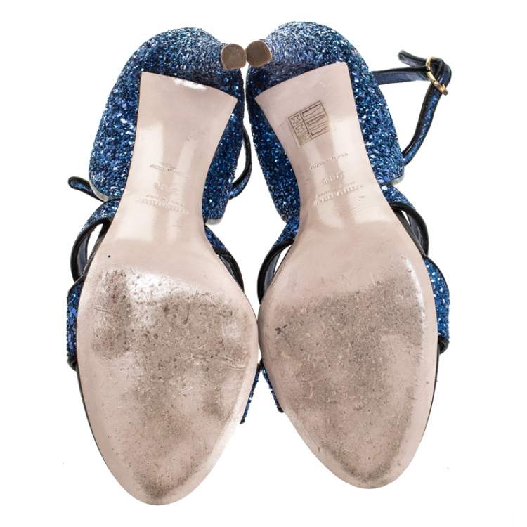 Pre Owned Miu Miu Metallic Blue Coarse Glitter Ankle Strap Sandals Size 38.5