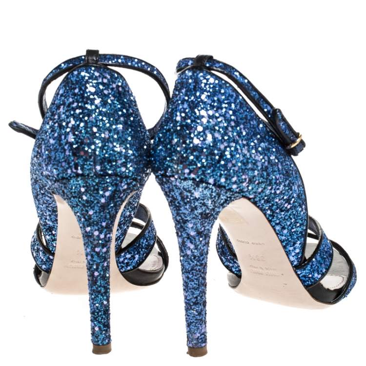 Pre Owned Miu Miu Metallic Blue Coarse Glitter Ankle Strap Sandals Size 38.5