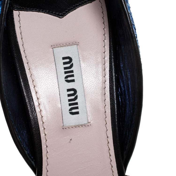 Pre Owned Miu Miu Metallic Blue Coarse Glitter Ankle Strap Sandals Size 38.5