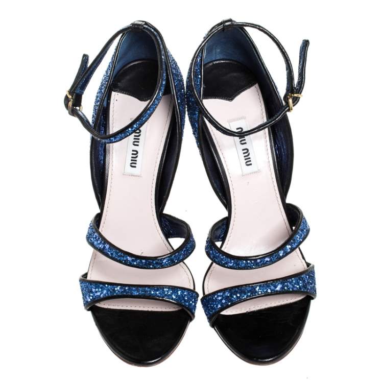 Pre Owned Miu Miu Metallic Blue Coarse Glitter Ankle Strap Sandals Size 38.5