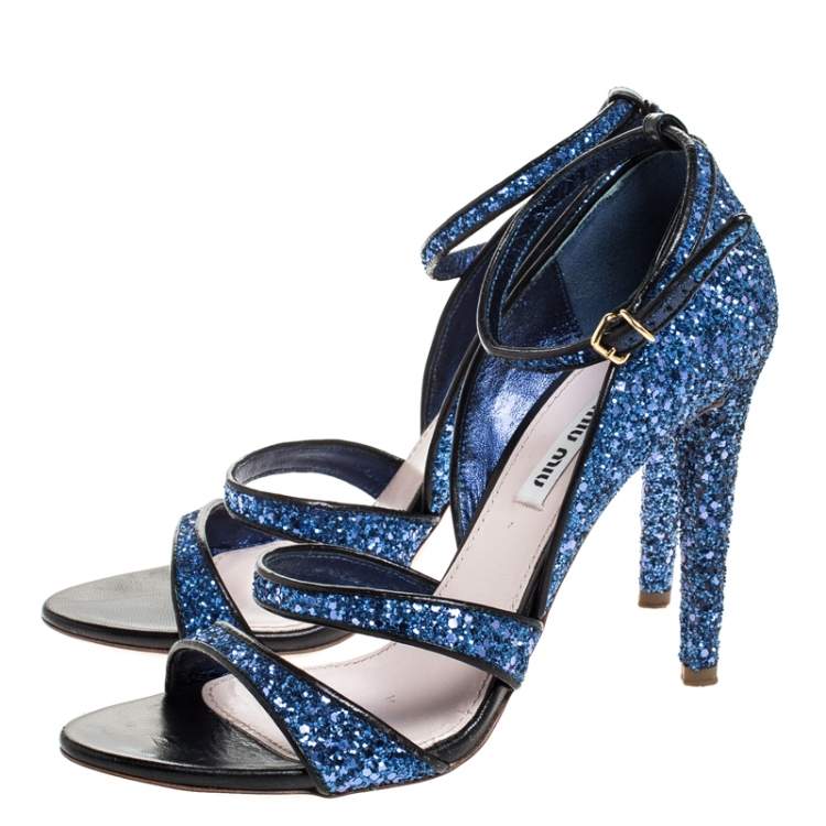 Pre Owned Miu Miu Metallic Blue Coarse Glitter Ankle Strap Sandals Size 38.5