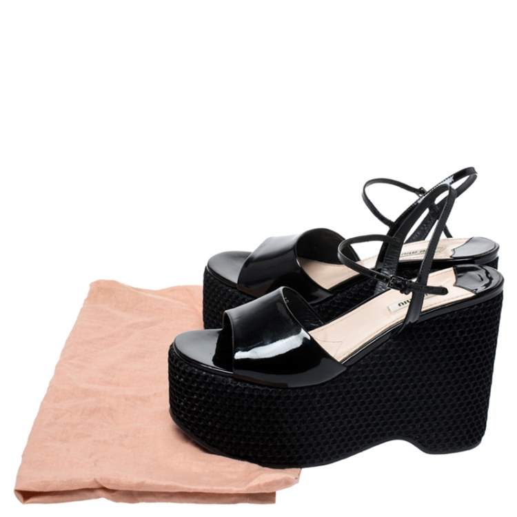 Pre Owned Miu Miu Black Leather Mesh Wedge Paltform Ankle Strap Sandals Size 38