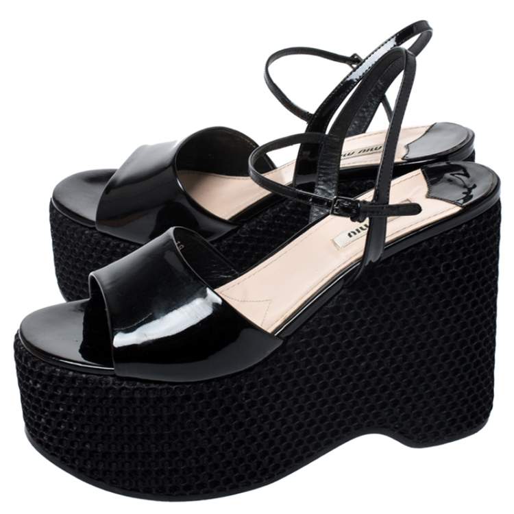 Pre Owned Miu Miu Black Leather Mesh Wedge Paltform Ankle Strap Sandals Size 38