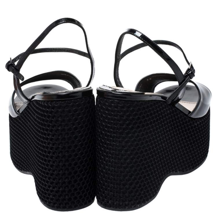 Pre Owned Miu Miu Black Leather Mesh Wedge Paltform Ankle Strap Sandals Size 38