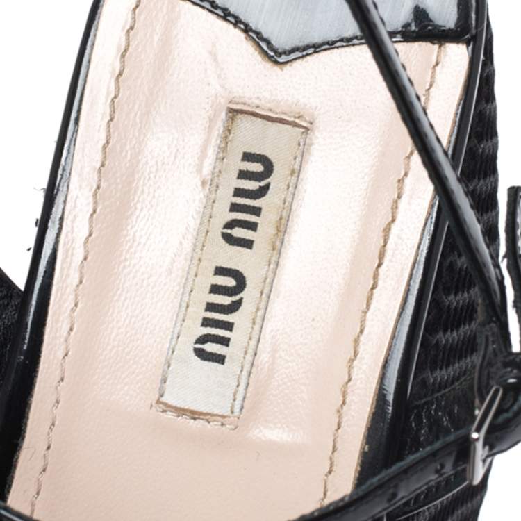 Pre Owned Miu Miu Black Leather Mesh Wedge Paltform Ankle Strap Sandals Size 38