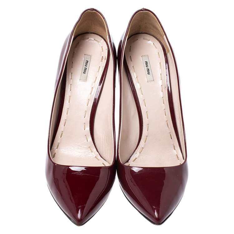 Pre Owned Miu Miu Burgundy Patent Leather Pointed Toe Pumps Size 38