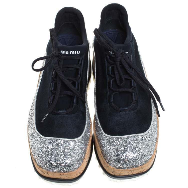 Pre Owned Miu Miu Dark Blue Satin And Coarse Glitter Leather Platform Lace Up Sneakers Size 39
