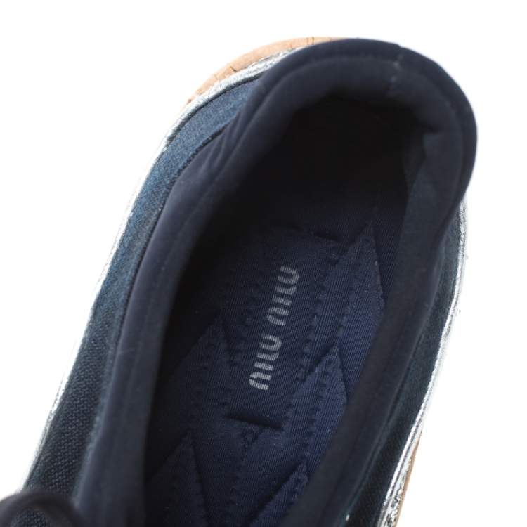 Pre Owned Miu Miu Dark Blue Satin And Coarse Glitter Leather Platform Lace Up Sneakers Size 39