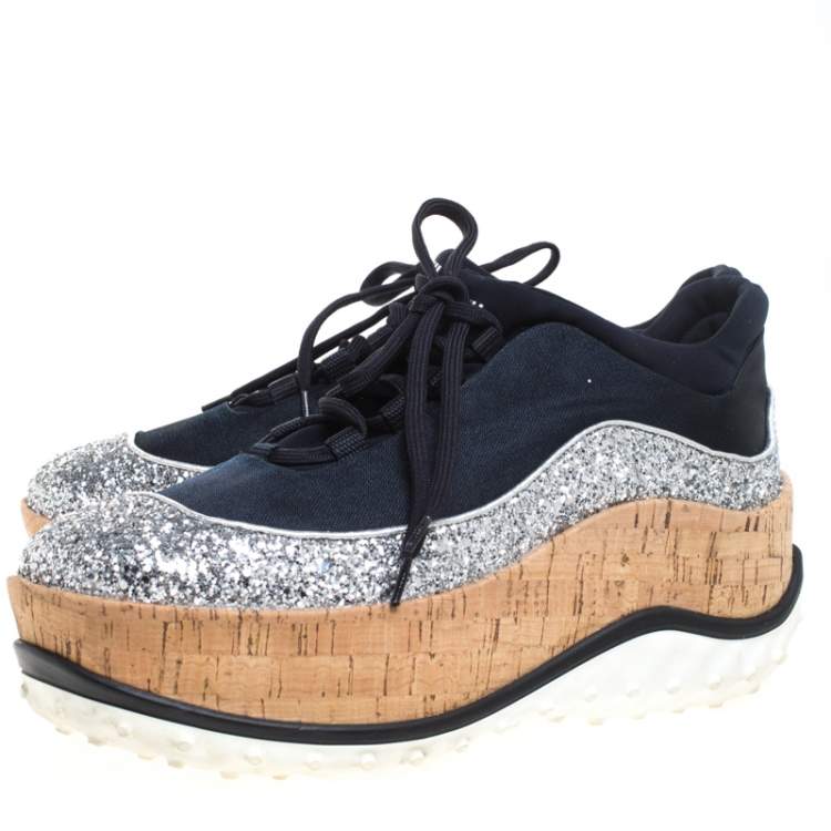 Pre Owned Miu Miu Dark Blue Satin And Coarse Glitter Leather Platform Lace Up Sneakers Size 39