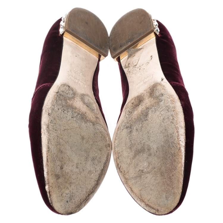 Pre Owned Miu Miu Burgundy Crest Embroidered Velvet Smoking Slippers Size 35.5