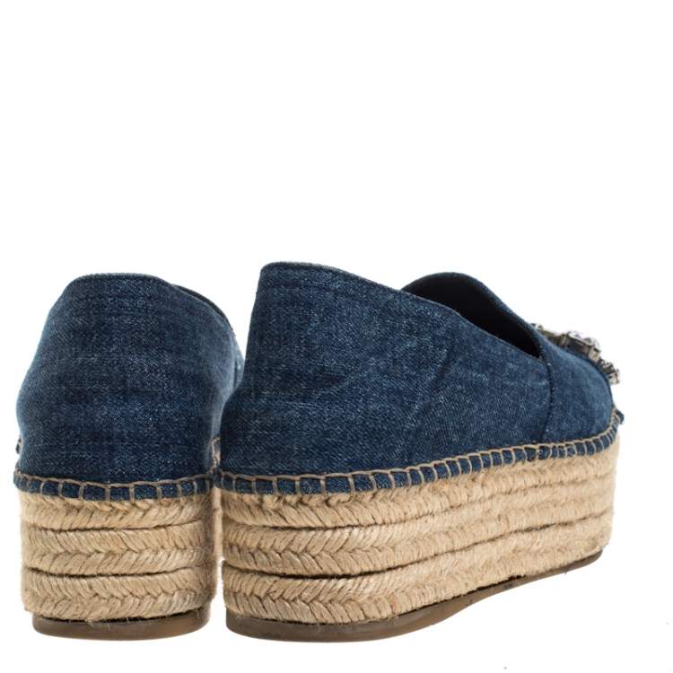 Pre Owned Miu Miu Blue Denim Fabric Crystal Embellished Espadrilles Flats Size 36.5