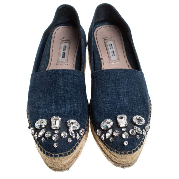 Pre Owned Miu Miu Blue Denim Fabric Crystal Embellished Espadrilles Flats Size 36.5