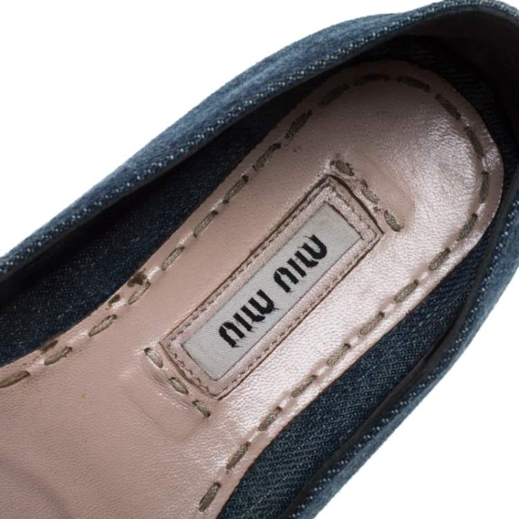 Pre Owned Miu Miu Blue Denim Fabric Crystal Embellished Espadrilles Flats Size 36.5