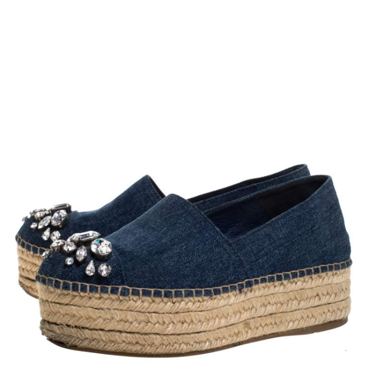Pre Owned Miu Miu Blue Denim Fabric Crystal Embellished Espadrilles Flats Size 36.5