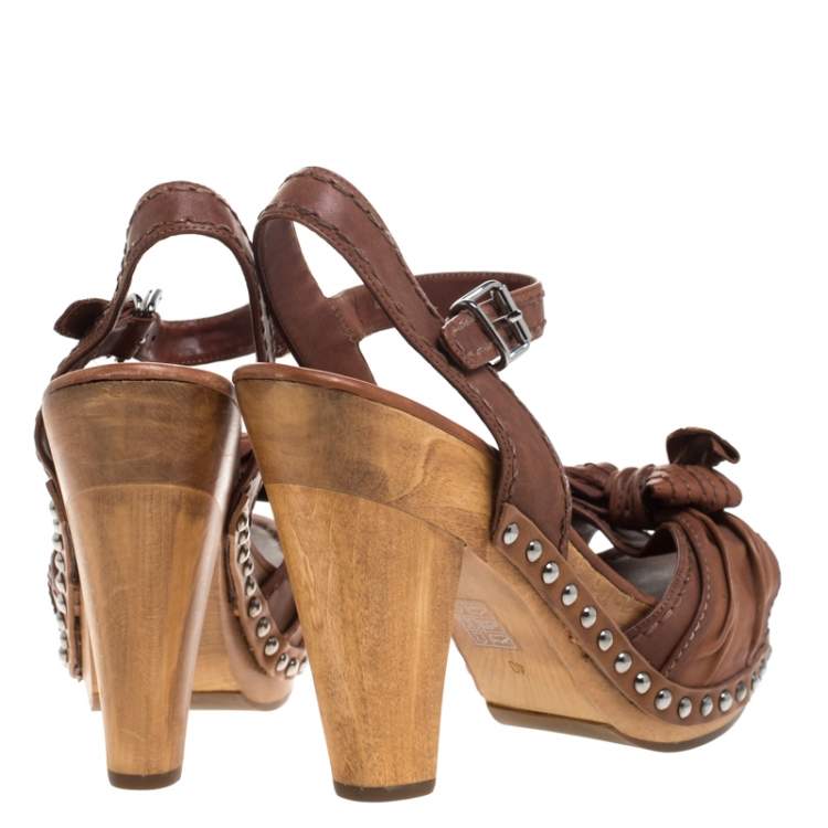 Pre Owned Miu Miu Brown Leather Bow Studded Platform Ankle Strap Sandals Size 40