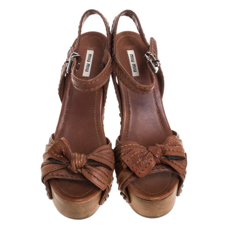 Pre Owned Miu Miu Brown Leather Bow Studded Platform Ankle Strap Sandals Size 40