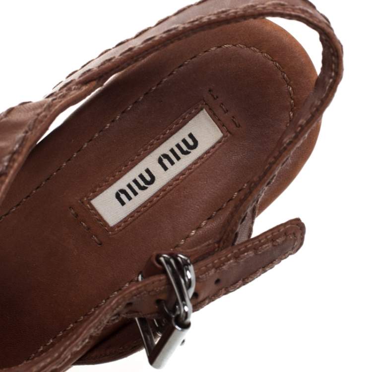 Pre Owned Miu Miu Brown Leather Bow Studded Platform Ankle Strap Sandals Size 40