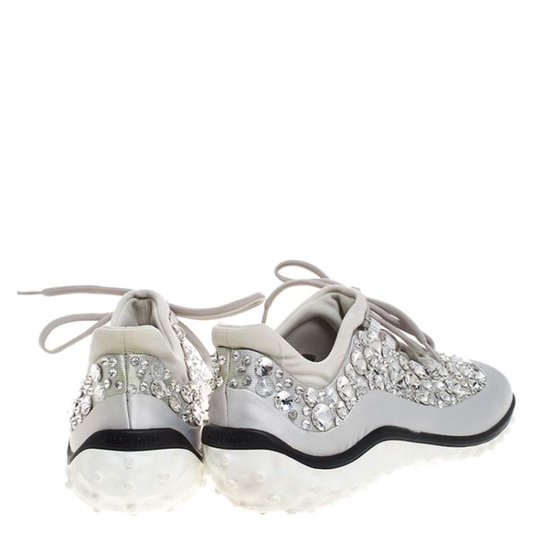 مملوكة مسبقًا Miu Miu Grey Embellished Satin and Mesh Astro Sneakers Size 40.5
