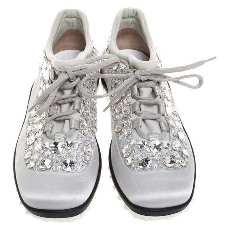 مملوكة مسبقًا Miu Miu Grey Embellished Satin and Mesh Astro Sneakers Size 40.5