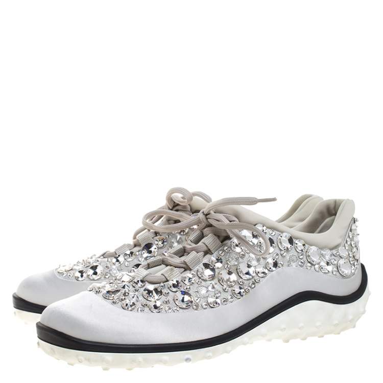 مملوكة مسبقًا Miu Miu Grey Embellished Satin and Mesh Astro Sneakers Size 40.5